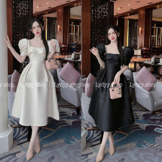  Váy đầm tafta dáng dài tay bồng váy cô dâu thiết kế dự tiệc đám cưới cổ U cúp ngực cộc tay dài bắp chân cao cấp 