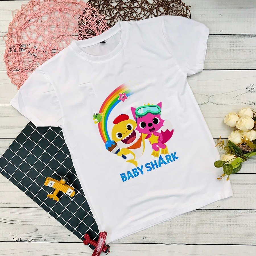 Áo thun Baby Shark cổ tròn tay ngắn dễ thương cho bé trai và bé gái, size từ 10 - 60kg
