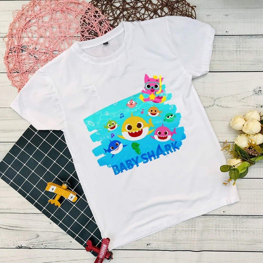 Áo thun Baby Shark cổ tròn tay ngắn dễ thương cho bé trai và bé gái, size từ 10 - 60kg