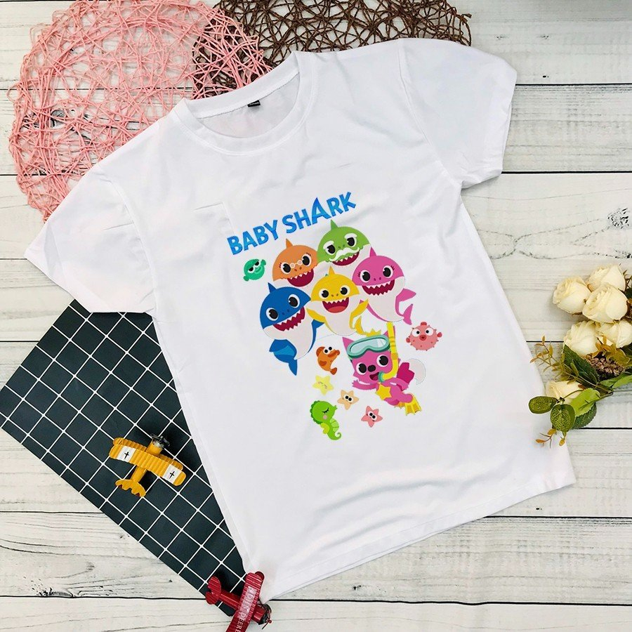 Áo thun Baby Shark cổ tròn tay ngắn dễ thương cho bé trai và bé gái, size từ 10 - 60kg