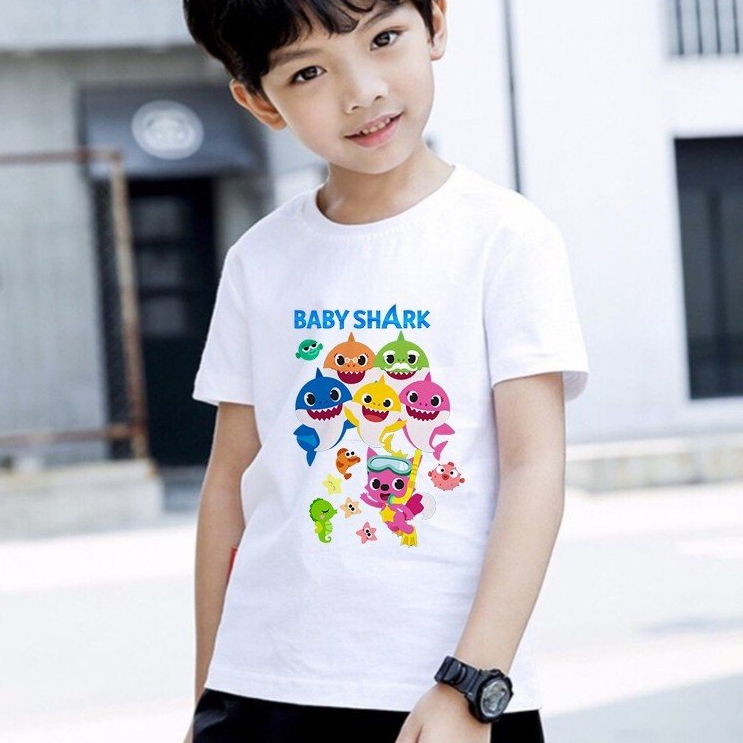 Áo thun Baby Shark cổ tròn tay ngắn dễ thương cho bé trai và bé gái, size từ 10 - 60kg