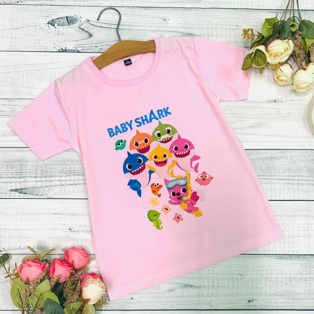 Áo thun Hồng in hình Baby Shark, Cá Mập dễ thương cho bé gái, size cho bé từ 10kg - 60kg
