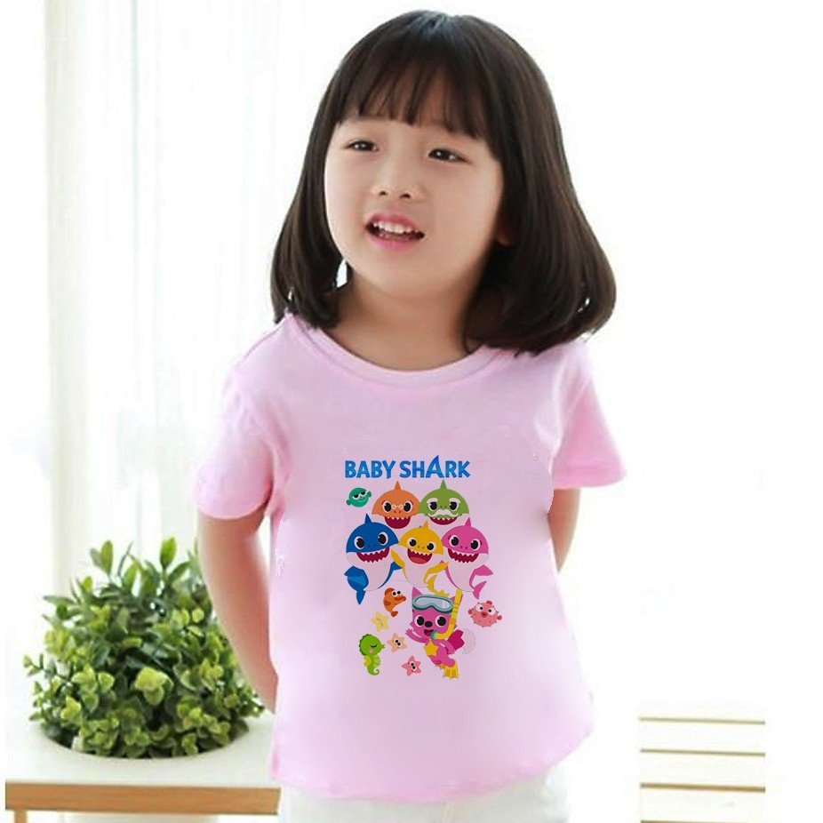 Áo thun Hồng in hình Baby Shark, Cá Mập dễ thương cho bé gái, size cho bé từ 10kg - 60kg
