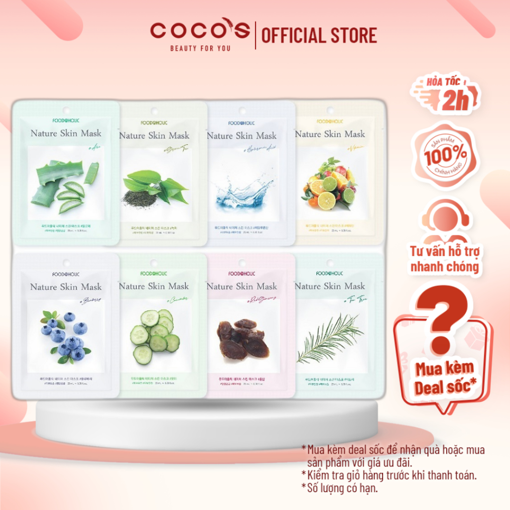 COMBO 10 Mặt Nạ Foodaholic Nature Skin Mask Thiên Nhiên Dưỡng Ẩm Giảm Mụn Trắng Da Hàn Quốc (23g x10)