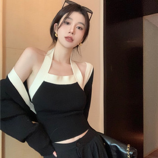 Set áo yếm kèm áo khoác ngoài len dệt kim phong cách ulzzang