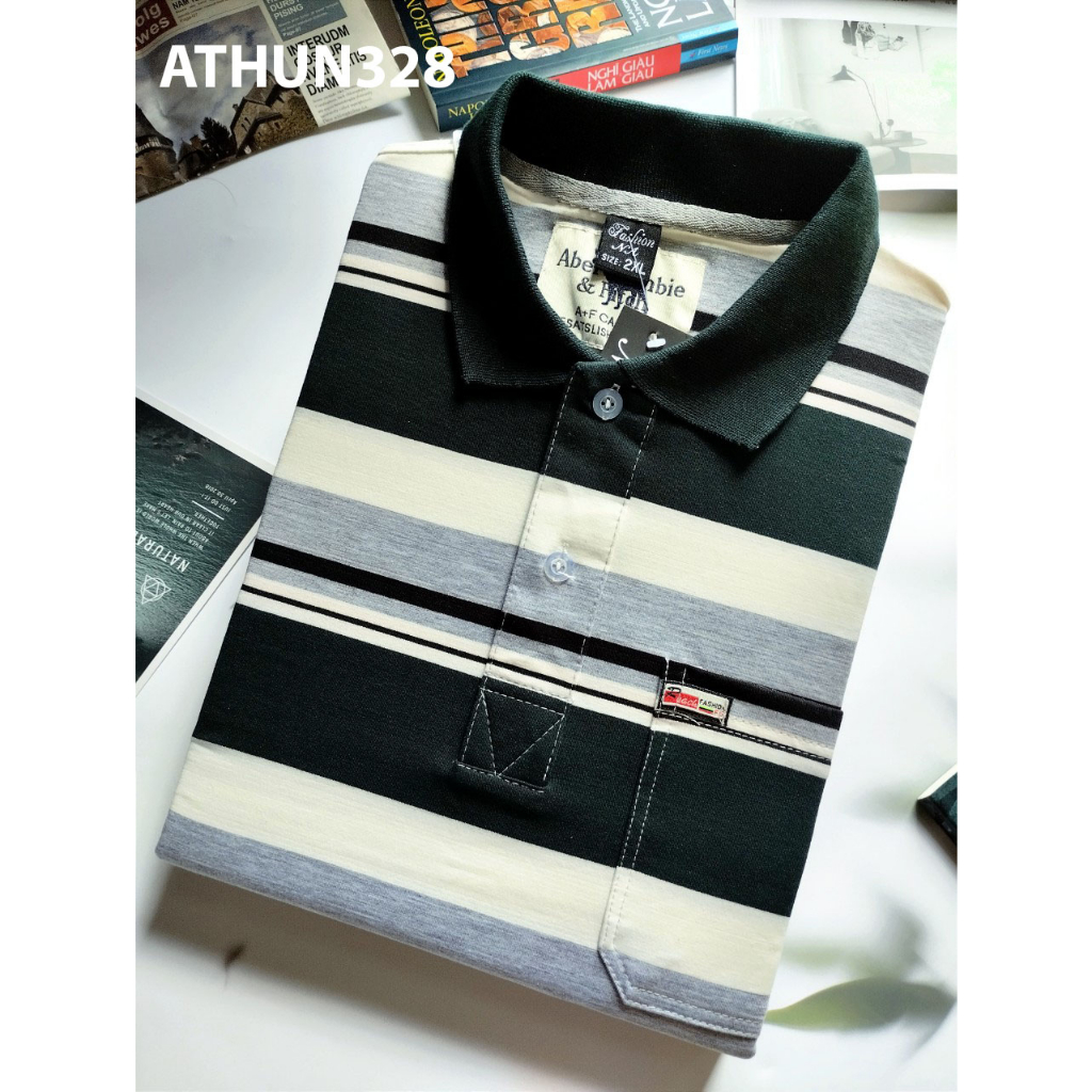 Áo thun nam trung niên sọc ngang vải Cotton mềm mát áo có cổ có túi 50-85kg ATHUN32