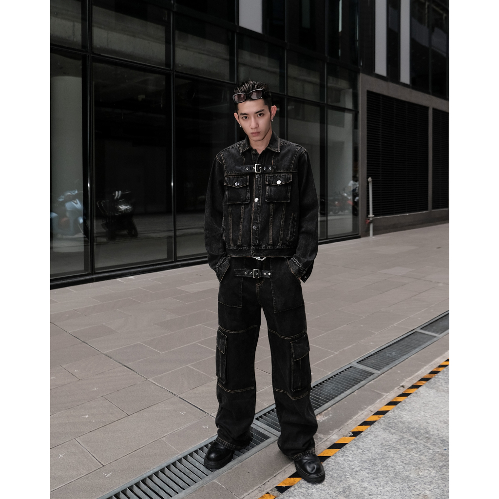 Set Elias Áo Jacket Denim Túi Hộp Đai Gài A0191 + Quần Jeans Túi Hộp Đai Gài Q0981 LJIN