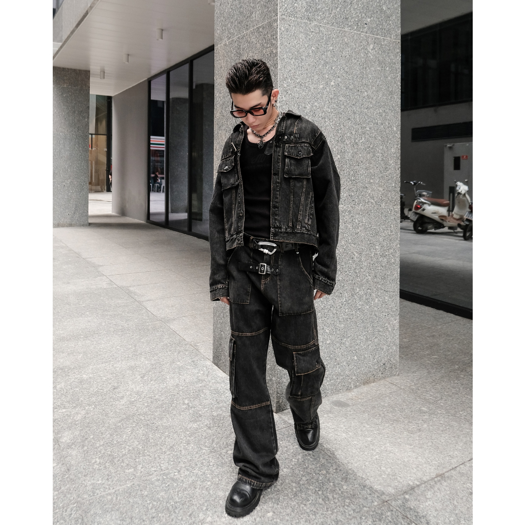 Set Elias Áo Jacket Denim Túi Hộp Đai Gài A0191 + Quần Jeans Túi Hộp Đai Gài Q0981 LJIN