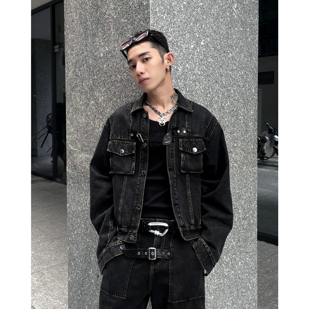 Set Elias Áo Jacket Denim Túi Hộp Đai Gài A0191 + Quần Jeans Túi Hộp Đai Gài Q0981 LJIN