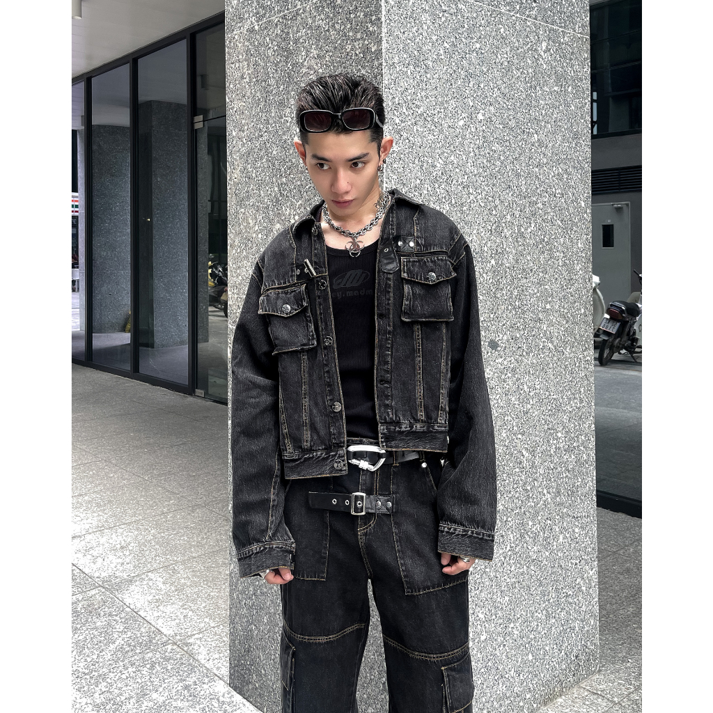 Set Elias Áo Jacket Denim Túi Hộp Đai Gài A0191 + Quần Jeans Túi Hộp Đai Gài Q0981 LJIN