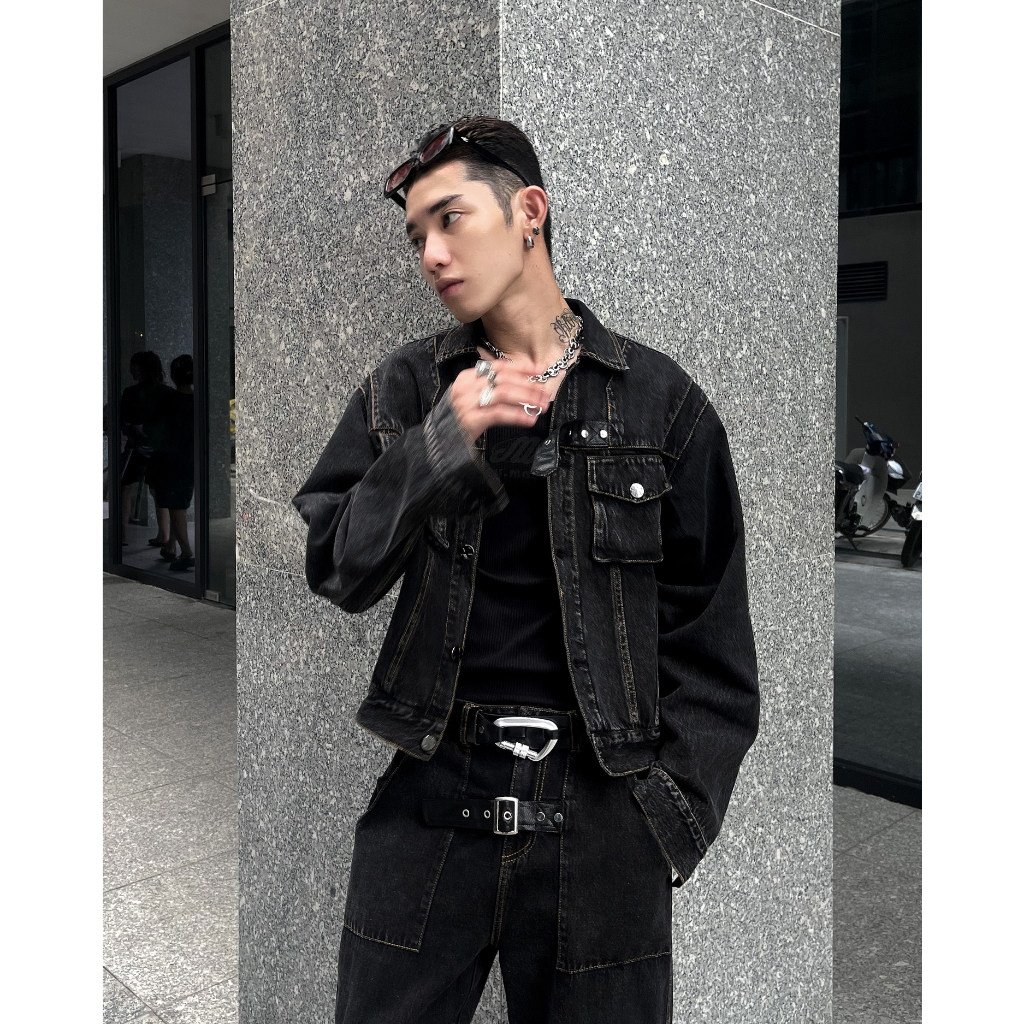 Set Elias Áo Jacket Denim Túi Hộp Đai Gài A0191 + Quần Jeans Túi Hộp Đai Gài Q0981 LJIN