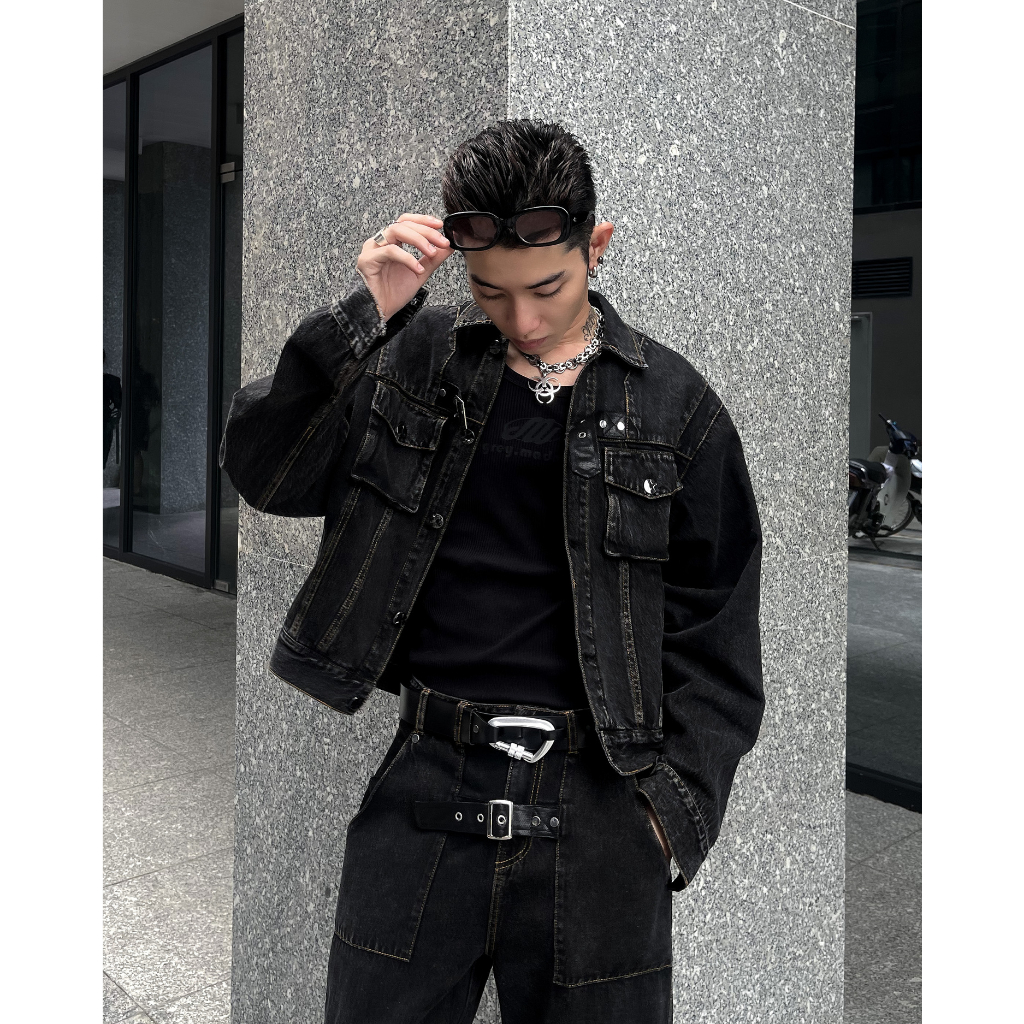 Set Elias Áo Jacket Denim Túi Hộp Đai Gài A0191 + Quần Jeans Túi Hộp Đai Gài Q0981 LJIN