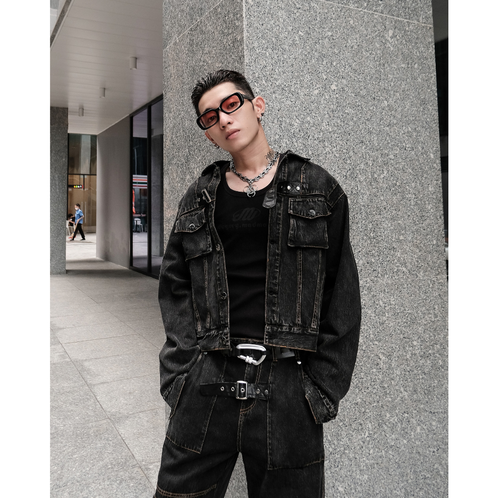 Set Elias Áo Jacket Denim Túi Hộp Đai Gài A0191 + Quần Jeans Túi Hộp Đai Gài Q0981 LJIN