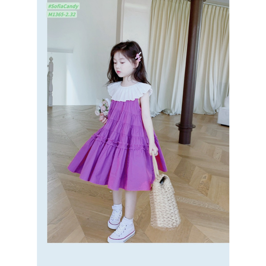 Váy bé gái cao cấp, váy thiết kế dáng cổ xếp ly tròn, thân váy phối bèo nhẹ nhành phong cách tiểu thư cho bé từ 8-40kg