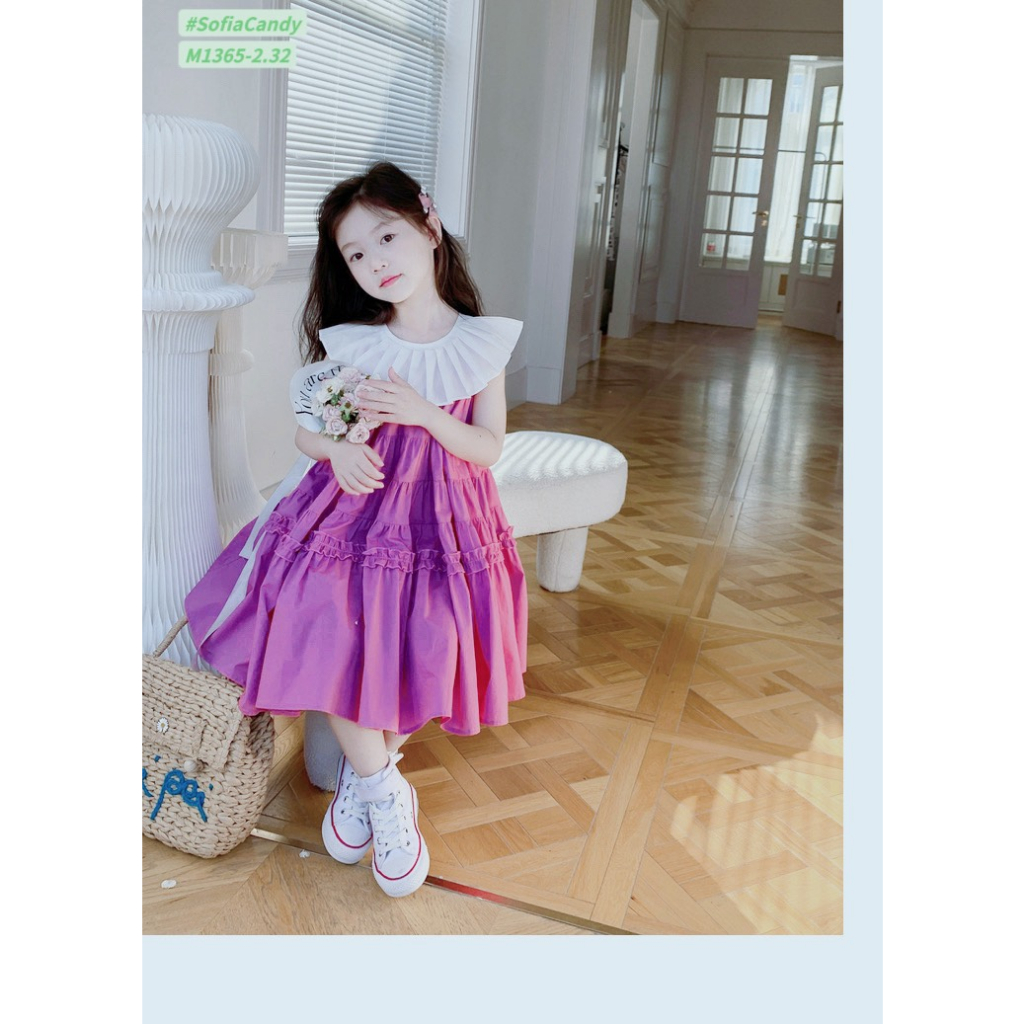 Váy bé gái cao cấp, váy thiết kế dáng cổ xếp ly tròn, thân váy phối bèo nhẹ nhành phong cách tiểu thư cho bé từ 8-40kg