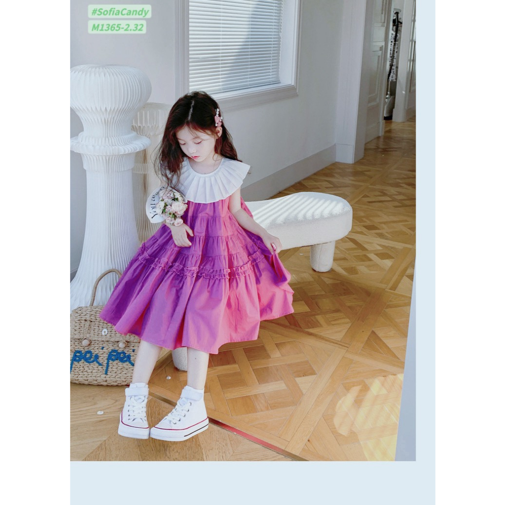 Váy bé gái cao cấp, váy thiết kế dáng cổ xếp ly tròn, thân váy phối bèo nhẹ nhành phong cách tiểu thư cho bé từ 8-40kg
