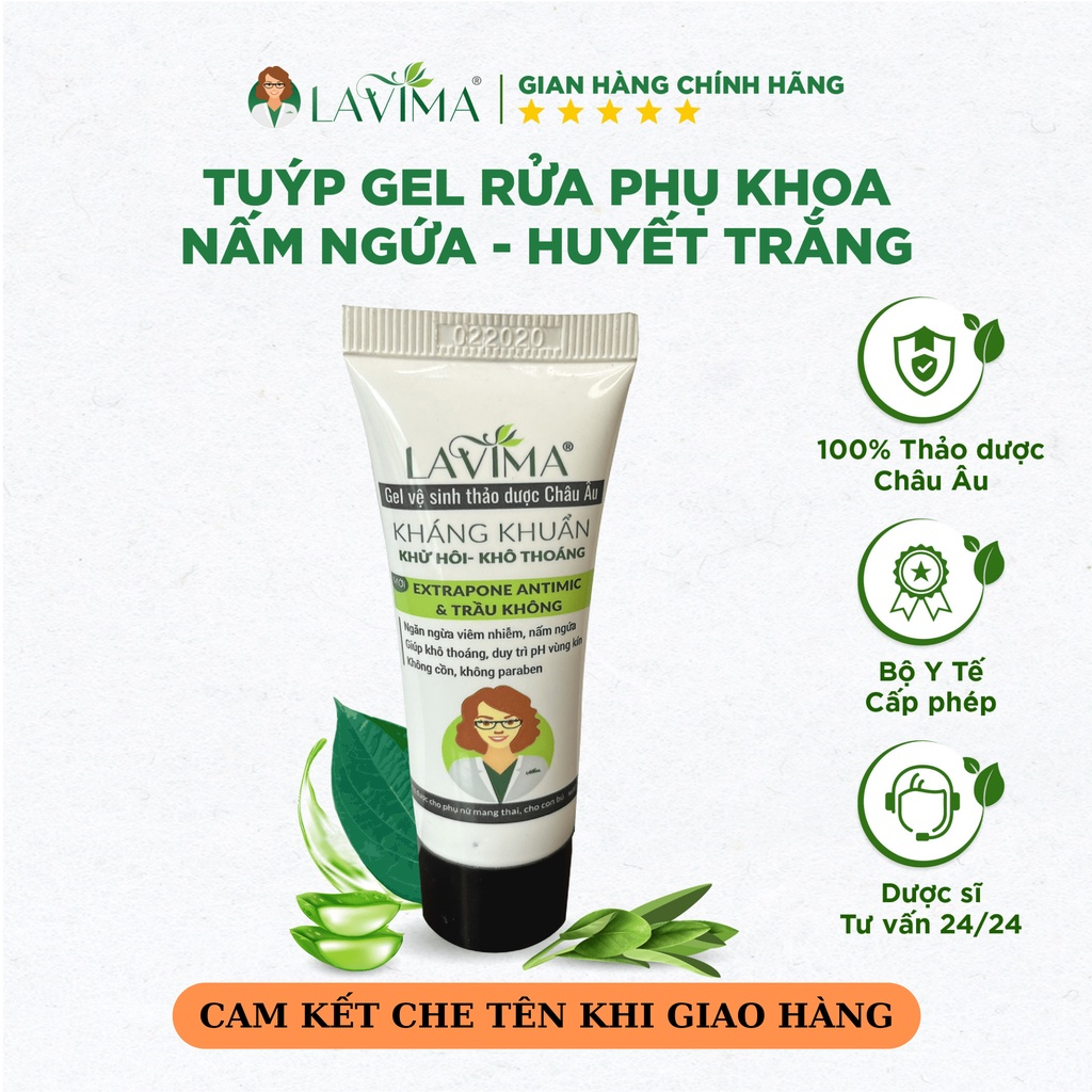 (Quà tặng không bán) Tuýp Gel Rửa Phụ Khoa Thảo Dược Châu Âu LAVIMA Minisize 20g - Huyết Trắng, Nấm Ngứa, Lộ Tuyến