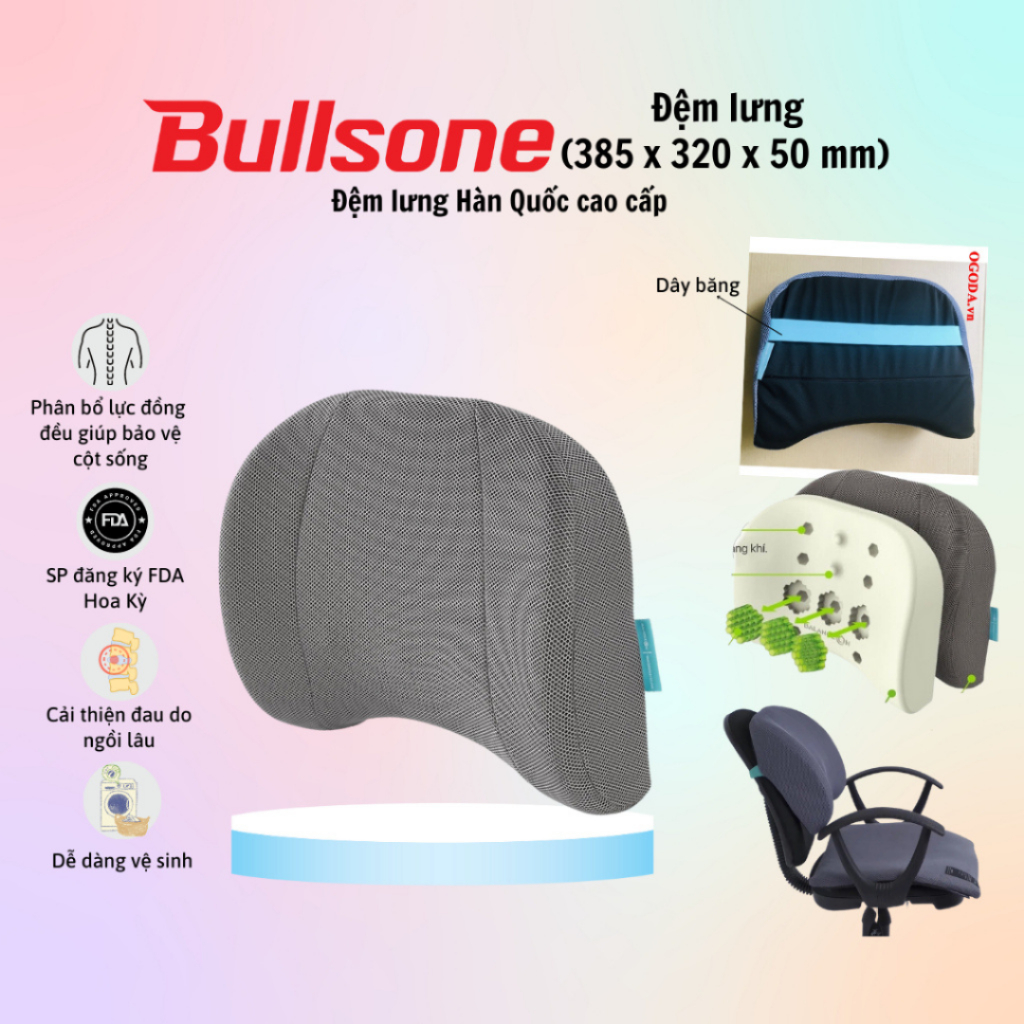 Đệm Lưng Cao Cấp Bullsone - Xám - Hàng chính hãng