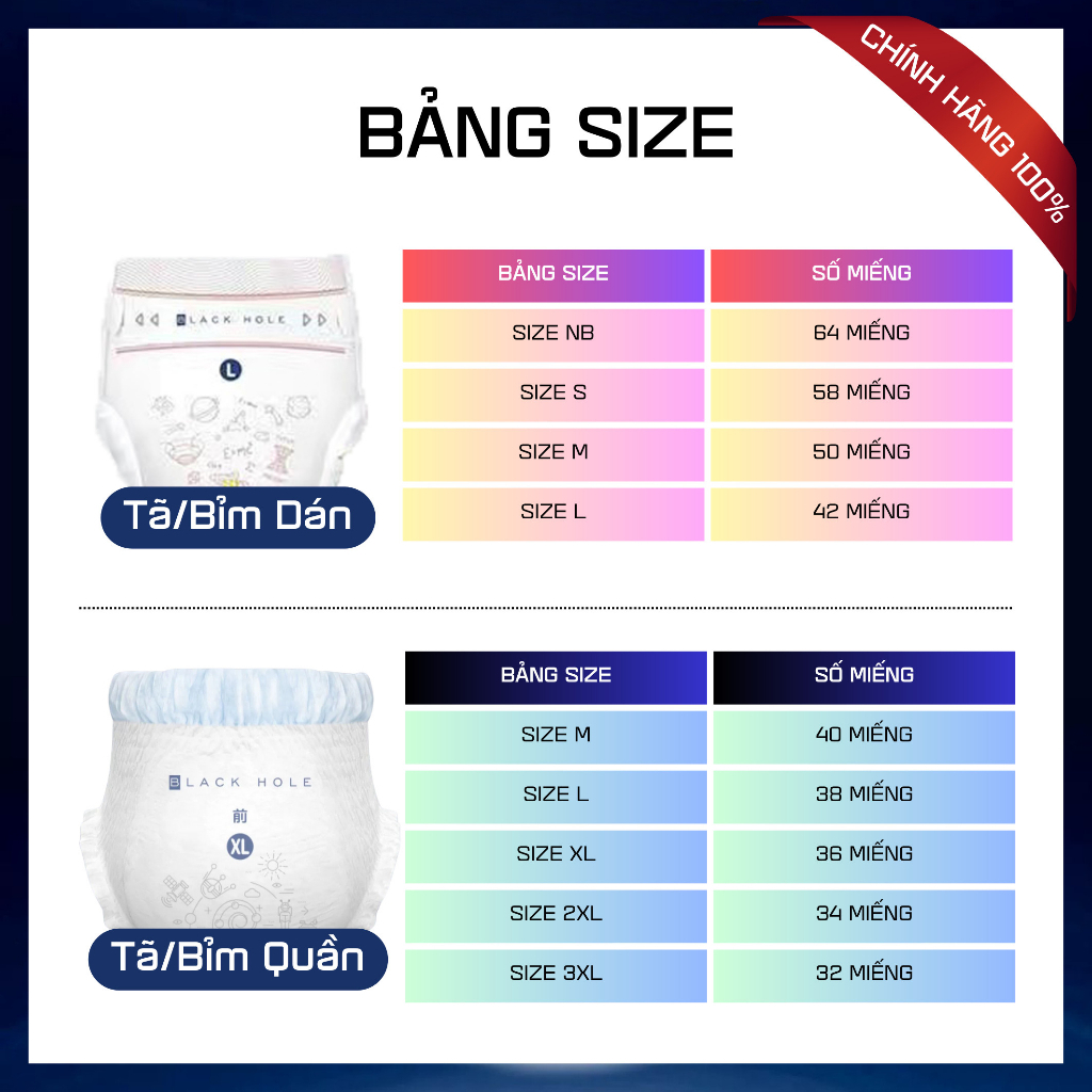 Bỉm dán/ quần BLACK HOLE Nội Địa Trung cao cấp 100% đủ size NB64/ S58/ M50/ L42/ XL38/ L38/XL36/ XXL34/ XXXL32