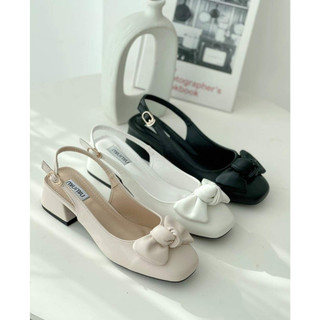Giày sandal dáng slingback nữ  mũi tròn đen phối nơ xinh xắn đế 3cm 2 màu đen kem phong cách công sở nữ tính - Mã G74