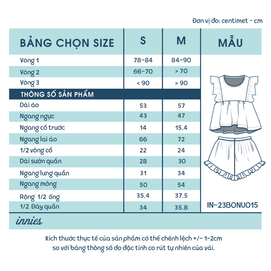 Bộ NỮ 2 tay bèo cánh tiên, quần short cotton muslin, có in hoạ tiết đáng yêu Innies - IN-23BONU015