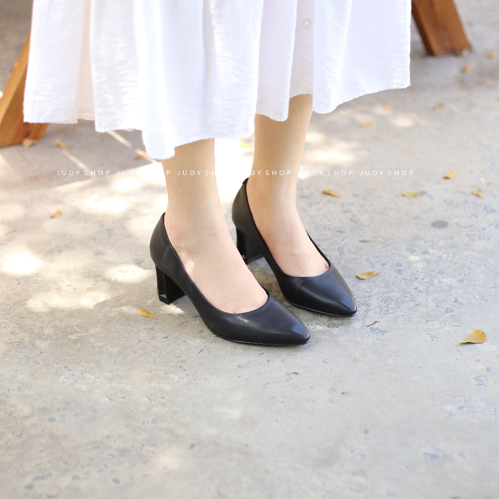 Giày bít nữ - giày công sở nữ - giày gót vuông MORRIS Mũi Nhọn da lì 6 phân