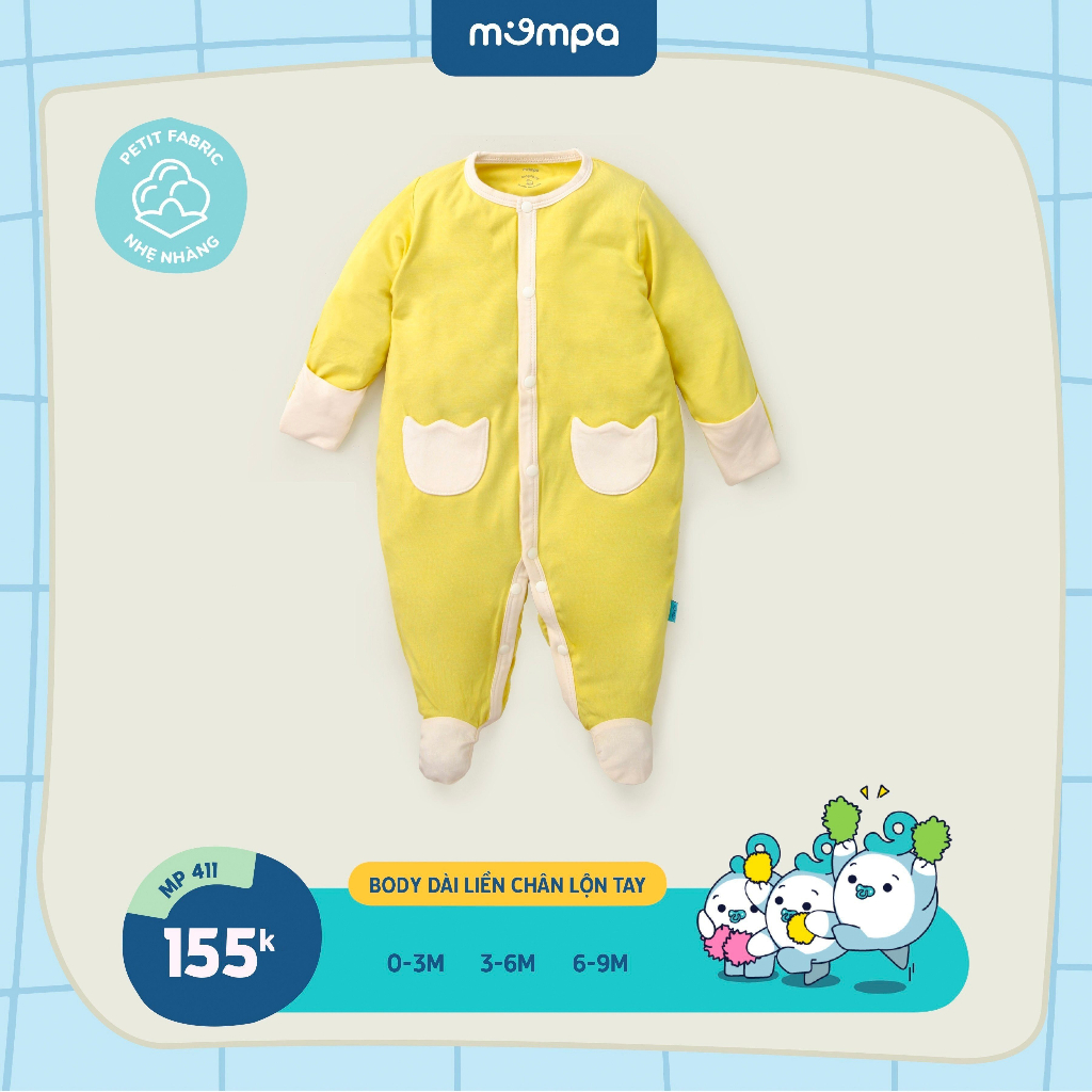 Bộ bodysuit lộn tay cho bé sơ sinh Mompa 0 đến 9 tháng vải petit co giãn thoáng mát MP 411