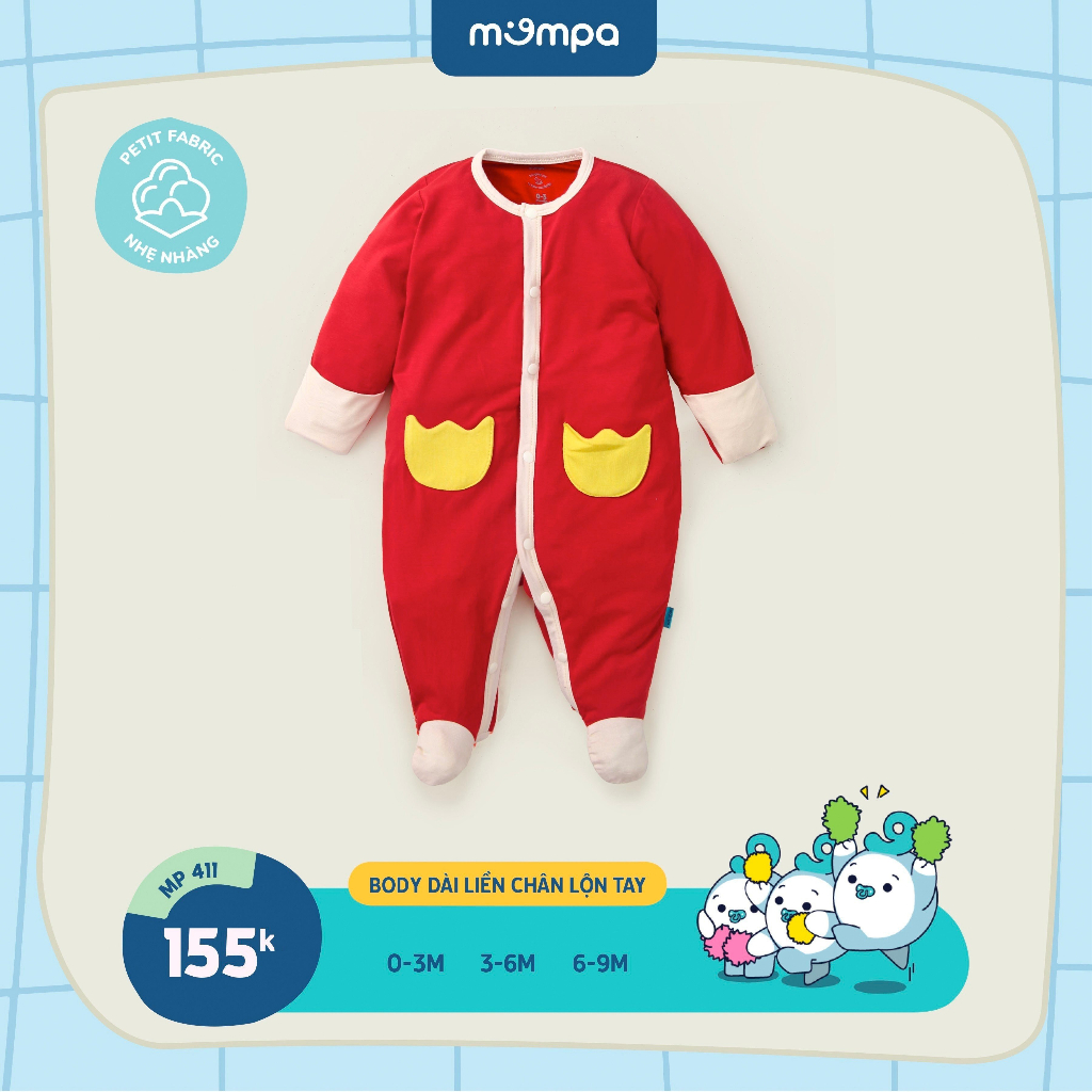 Bộ bodysuit lộn tay cho bé sơ sinh Mompa 0 đến 9 tháng vải petit co giãn thoáng mát MP 411