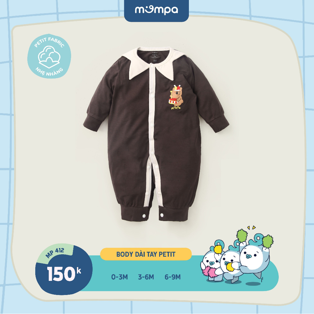 Bộ body dài tay sơ sinh Mompa cho bé 0-9 tháng vải Petit co giãn thoáng mát 412
