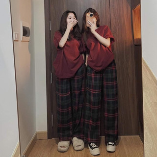 Set Kẻ Caro Nâu Makeit -Bộ đồ quần dài culottes kèm áo form rộng tay lỡ vintage đường phố