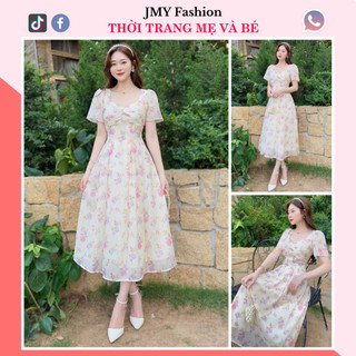 V287 Váy đầm voan hoa xòe dài cổ tim tay bồng [TH Hà Thanh] váy hoa nhí xòe nữ tính