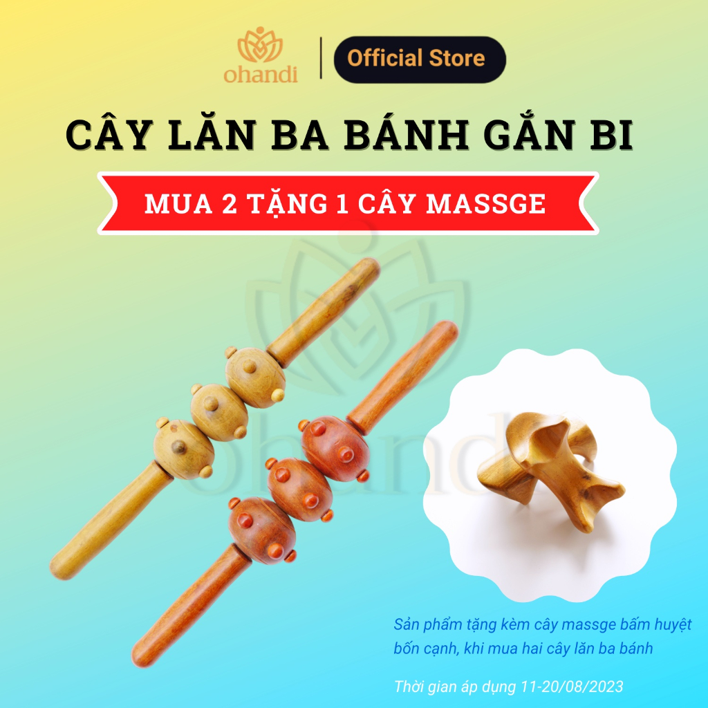 Cây lăn mát xa lưng ba bánh có gai bằng gỗ (mua 2 tặng 1 bấm huyệt 4 cạnh)