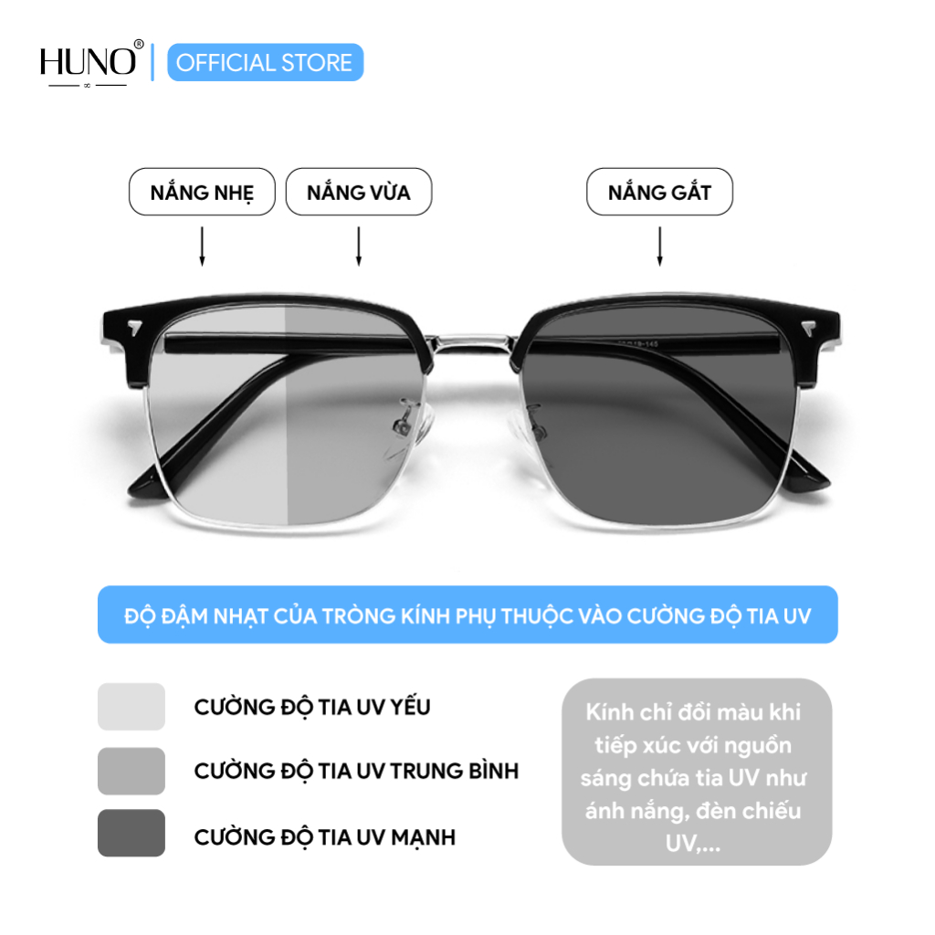 Kính đổi màu Nam Nữ HUNO Cao Cấp 2023 thiết kế gọng vuông kim loại thời trang chống ánh sáng xanh có thể cắt cận K98