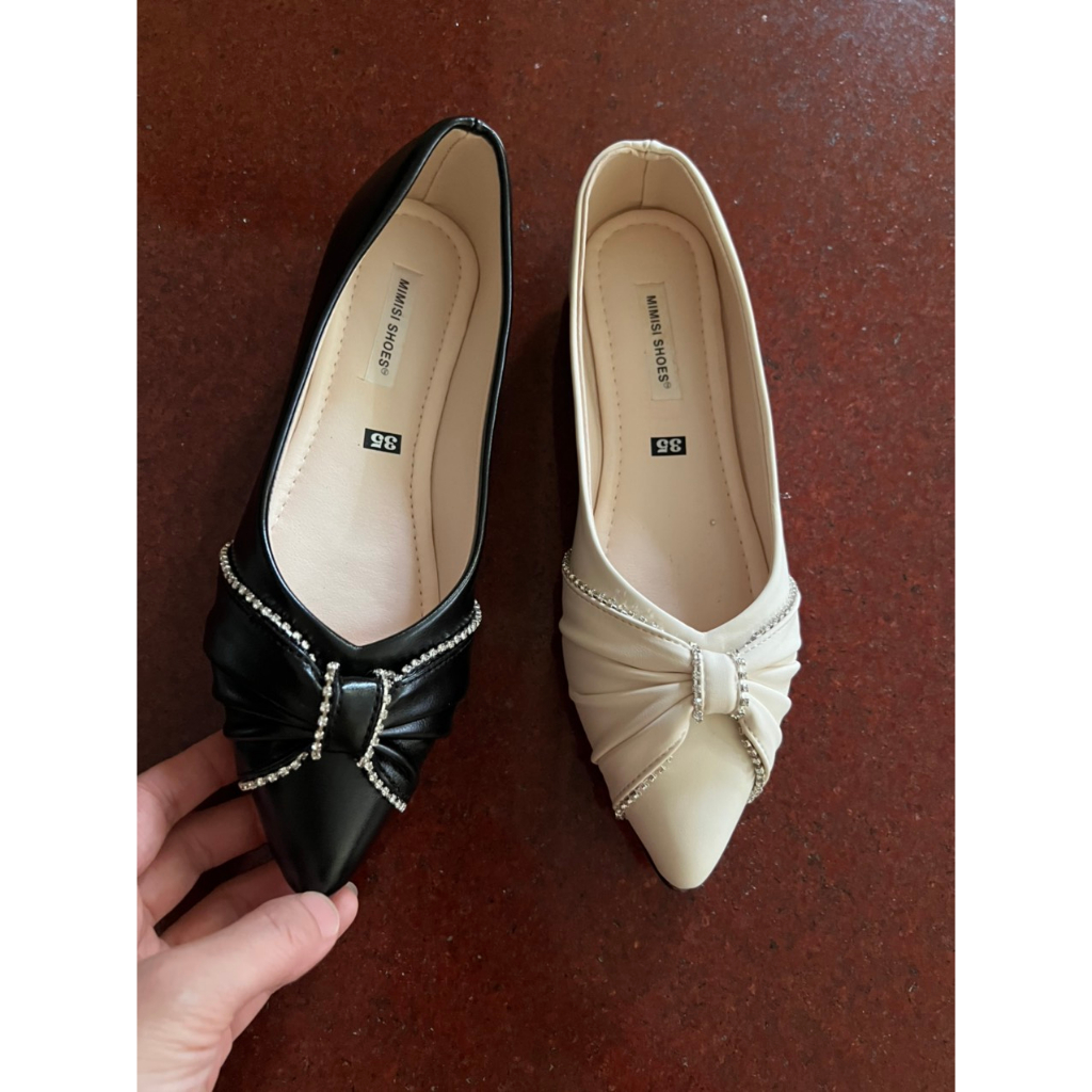 Giày bệt nữ siêu mềm mũi nhọn nơ viền đá bánh bèo cao cấp mã B11