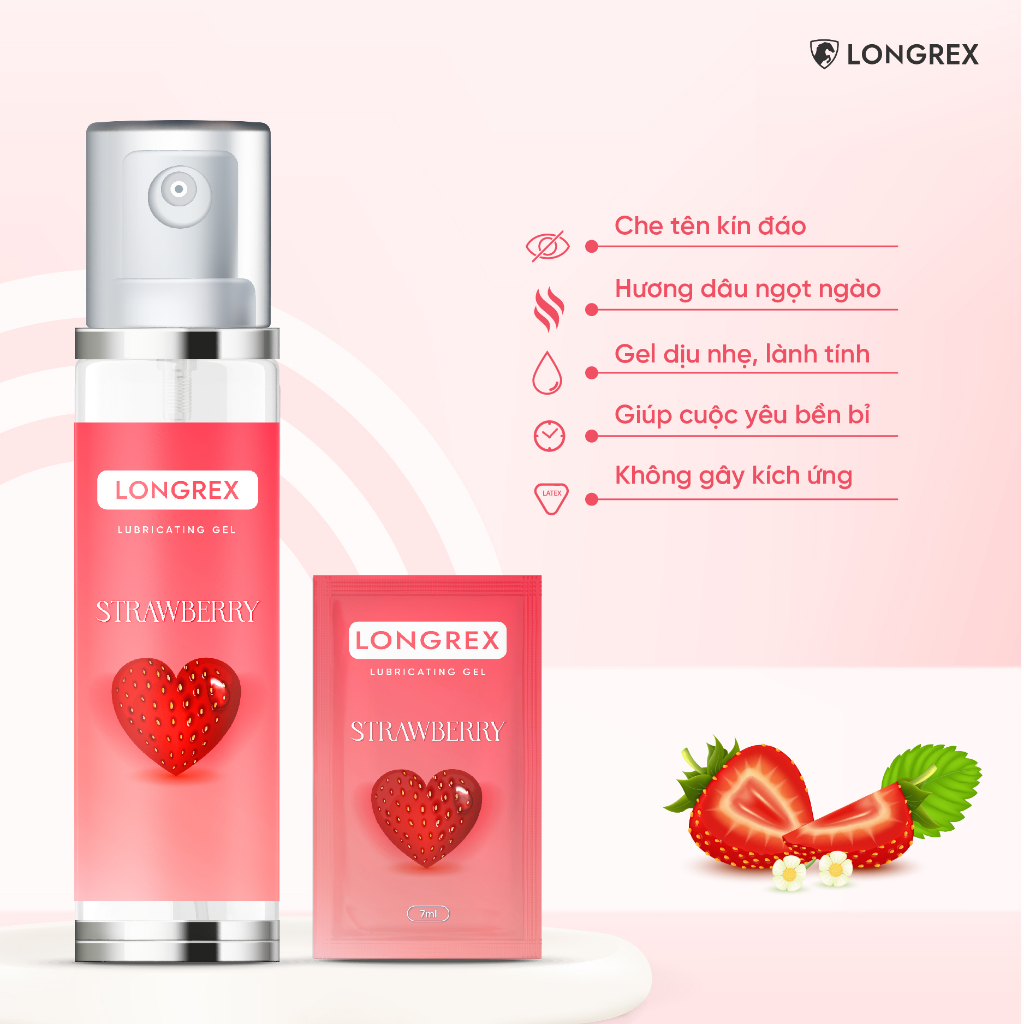 Gel bôi trơn Longrex gốc nước STRAWBERRY hương dâu tây ngọt ngào giúp cuộc yêu bền bỉ, che tên kín đáo Mã GB002