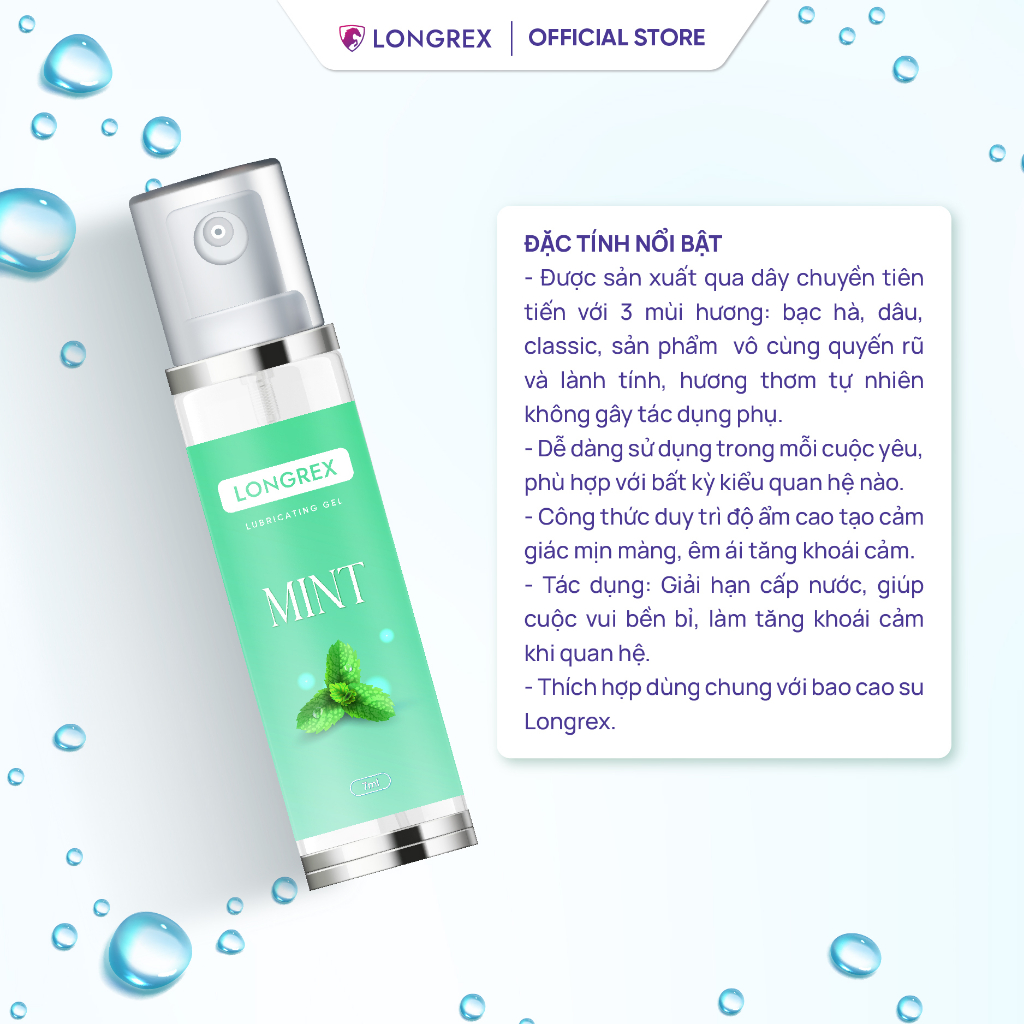 Gel bôi trơn Longrex gốc nước MINT hương bạc hà the mát giúp cuộc yêu bền bỉ, che tên kín đáo Mã GB001