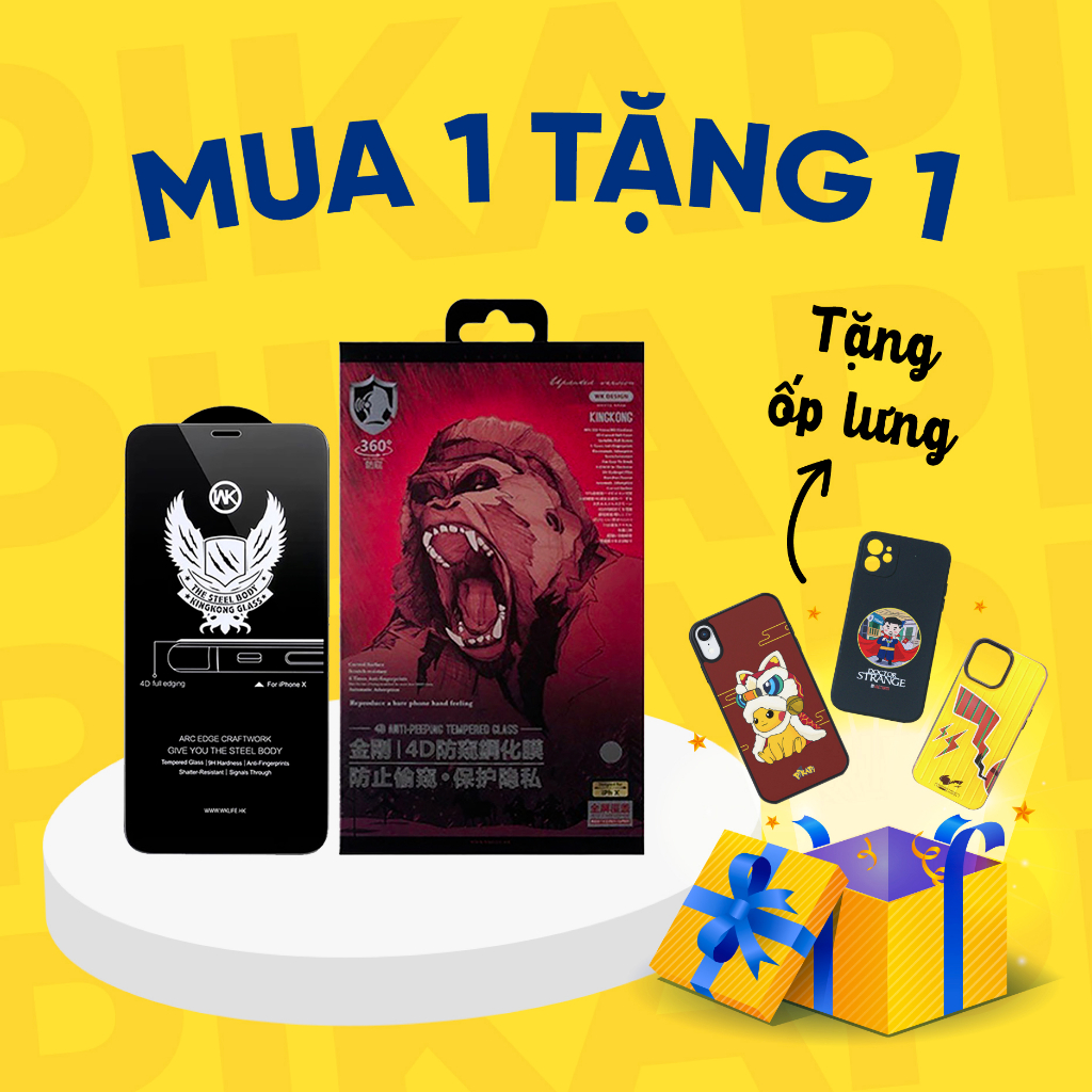 [Quà tri ân] Kính cường lực iPhone KingKong chống nhìn trộm TẶNG ốp Pikapi độc quyền Fullbox cao cấp nhất