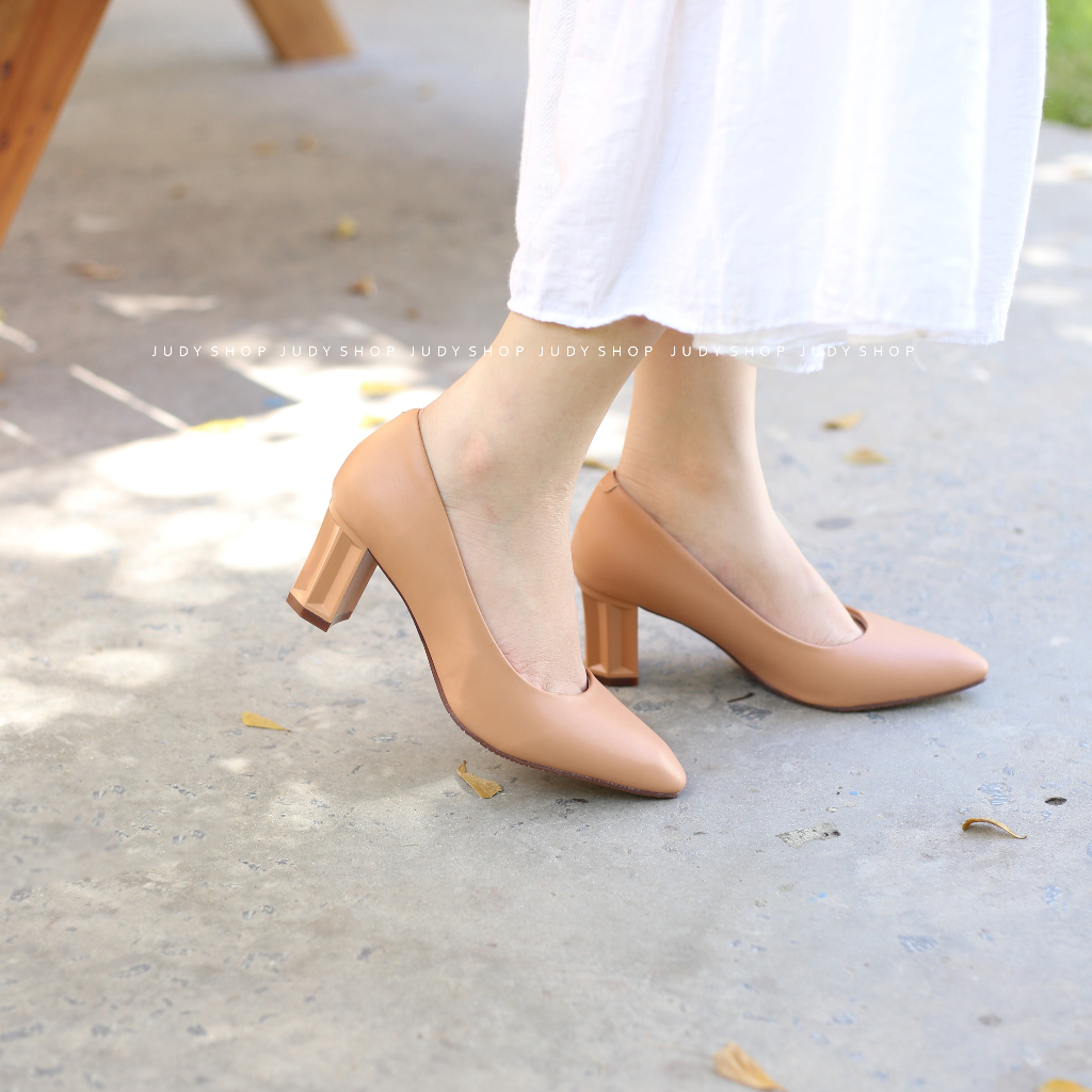 Giày bít nữ - giày công sở nữ - giày gót vuông MORRIS Mũi Nhọn da lì 6 phân