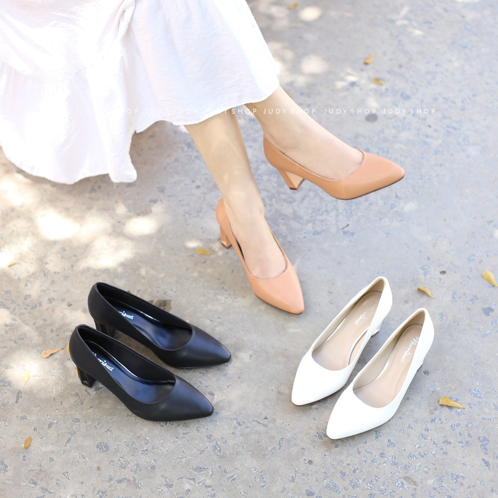 Giày bít nữ - giày công sở nữ - giày gót vuông MORRIS Mũi Nhọn da lì 6 phân