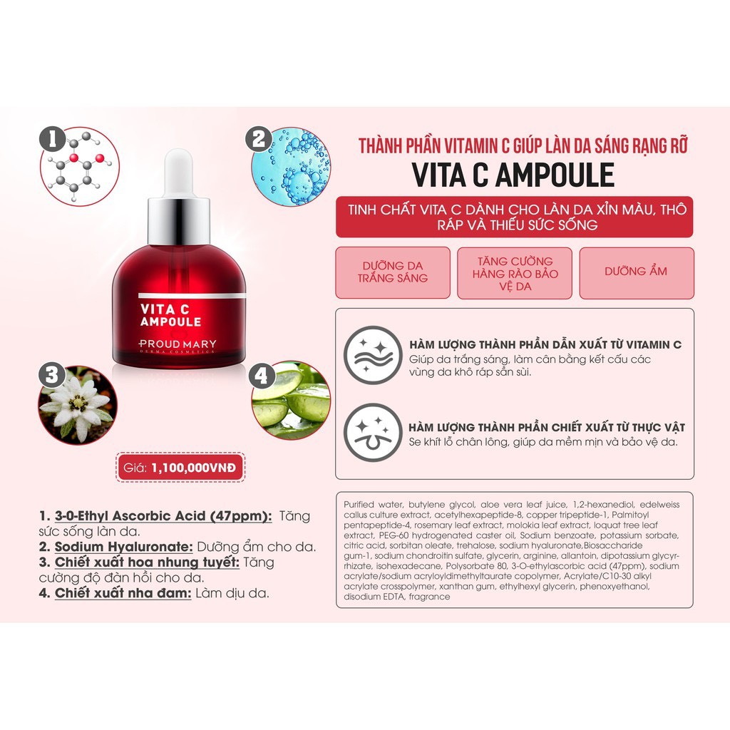 Tinh chất & Kem dưỡng trắng, mờ thâm sạm nám, chống Oxy hoá chứa Vitamin C, AHA, 3 Peptide Proud Mary