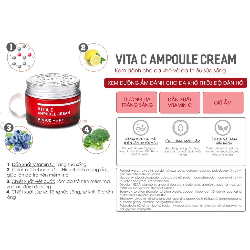 Tinh chất & Kem dưỡng trắng, mờ thâm sạm nám, chống Oxy hoá chứa Vitamin C, AHA, 3 Peptide Proud Mary