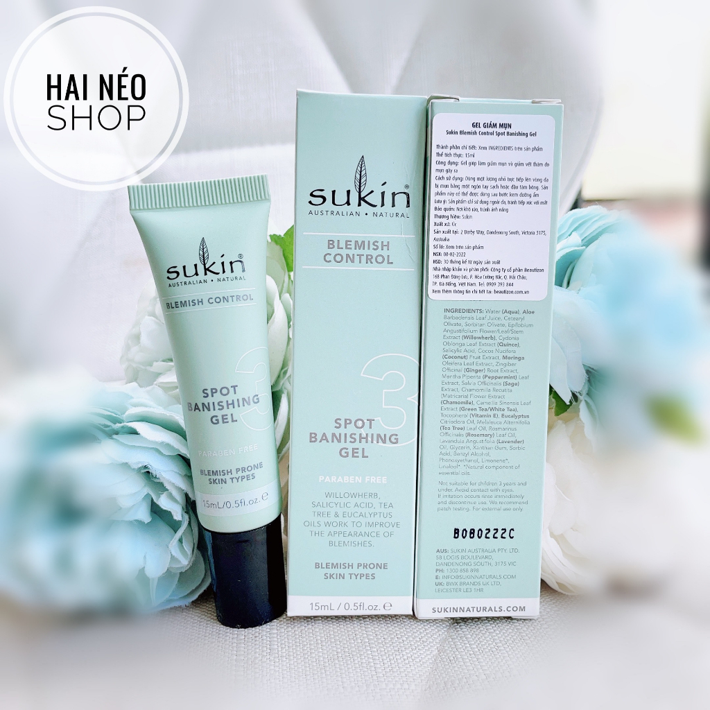 Gel chấm tr! mụn, giảm v!êm sưng tức thì sau 30phút, chứa BHA, Tràm trà, Trà xanh, Willow herb SUKIN 15ml