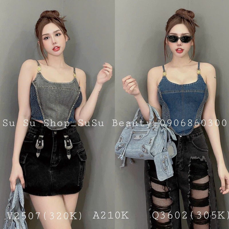 Áo 2 dây khoen jeans phối màu nhún sau - S0K
