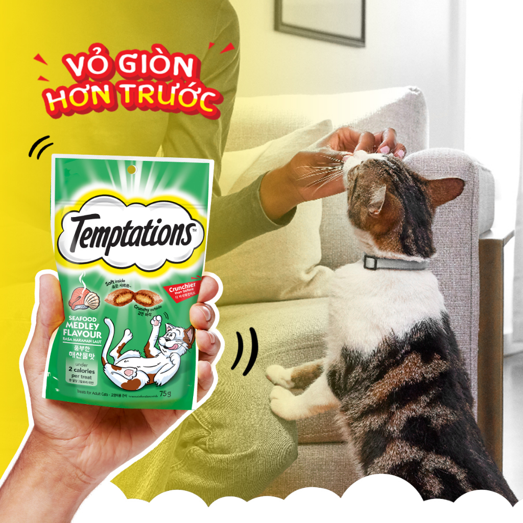 Bộ 3 túi bánh thưởng cho mèo Temptations: vị cá ngừ, hải sản và gà 75g/túi