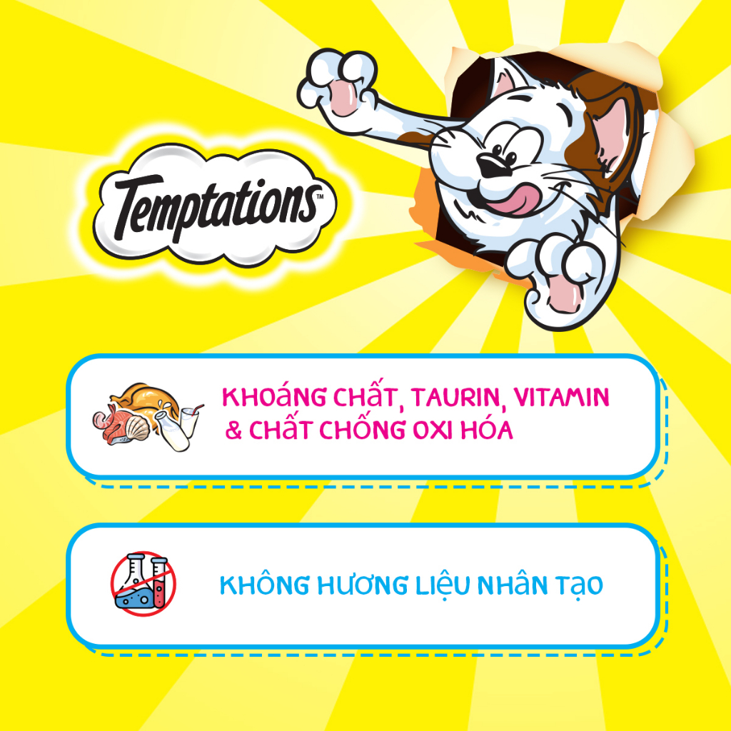 Bộ 3 túi bánh thưởng cho mèo Temptations: vị cá ngừ, hải sản và gà 75g/túi