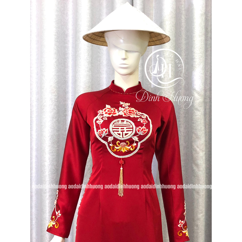 Áo dài cặp nam nữ Đinh Hương thêu tay họa tiết hỉ, áo dài cô dâu chú rể may sẵn