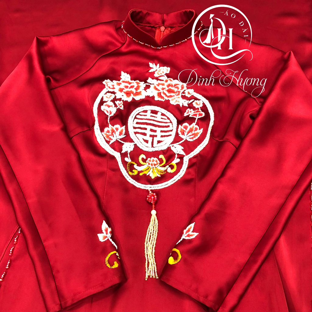 Áo dài cặp nam nữ Đinh Hương thêu tay họa tiết hỉ, áo dài cô dâu chú rể may sẵn