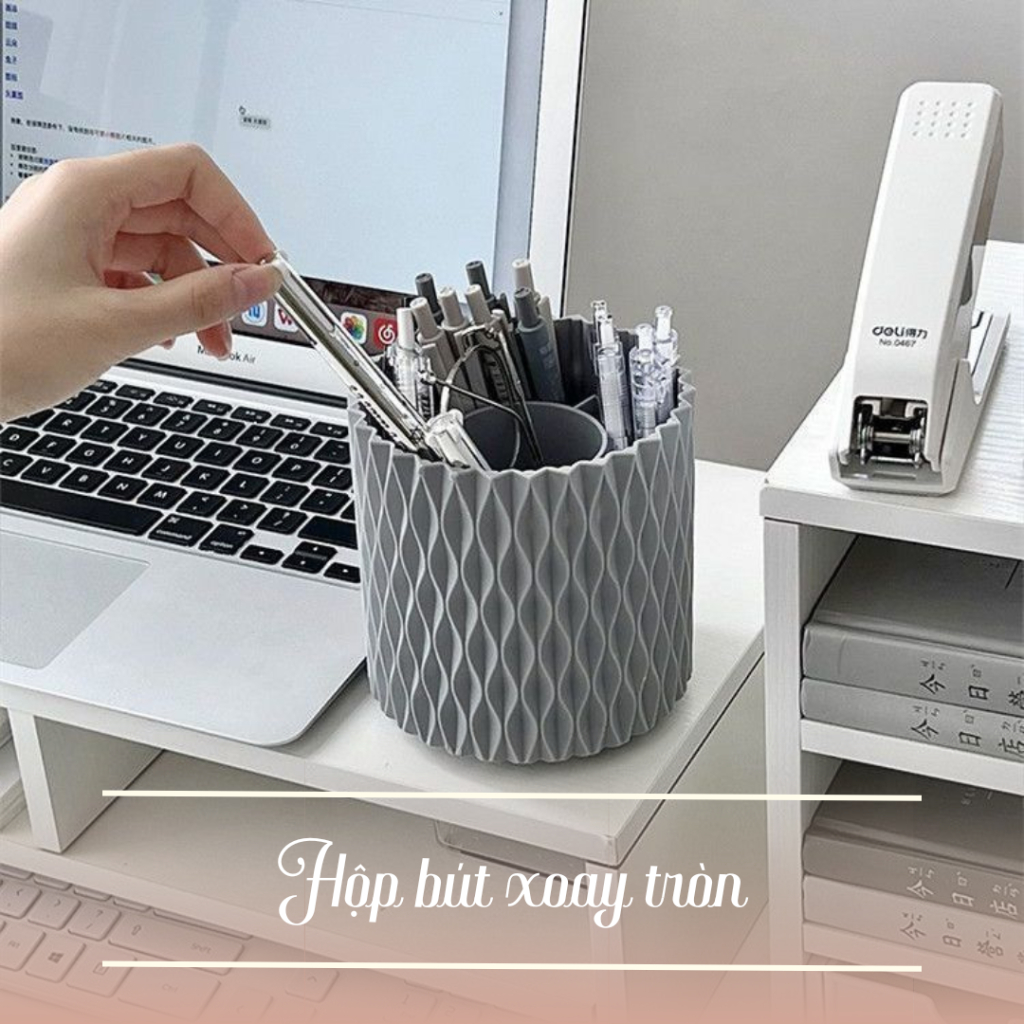 Hộp Bút Để Bàn Xoay Tròn, Vân Sóng Sang Trọng Bằng Nhựa PP Cao Cấp, Hộp Đựng Mỹ Phẩm Để Bàn