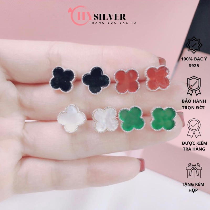Bông tai bạc nữ CHY SILVER cỏ 4 lá đá đen trắng xanh đỏ bạc thật