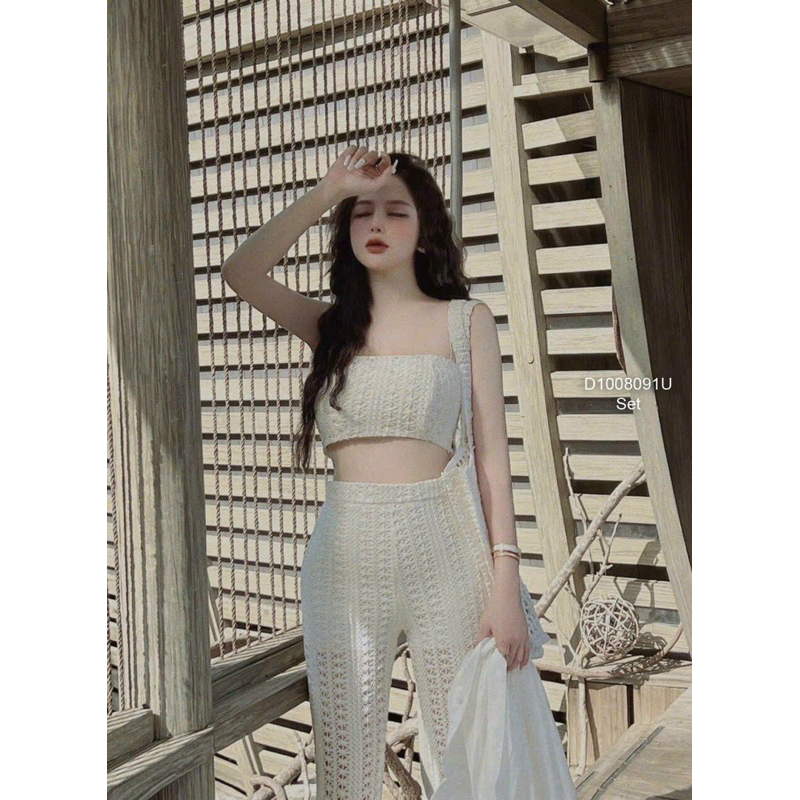Set bộ áo croptop ren ống phối quần ống suông dài sang trọng VIENS STORE